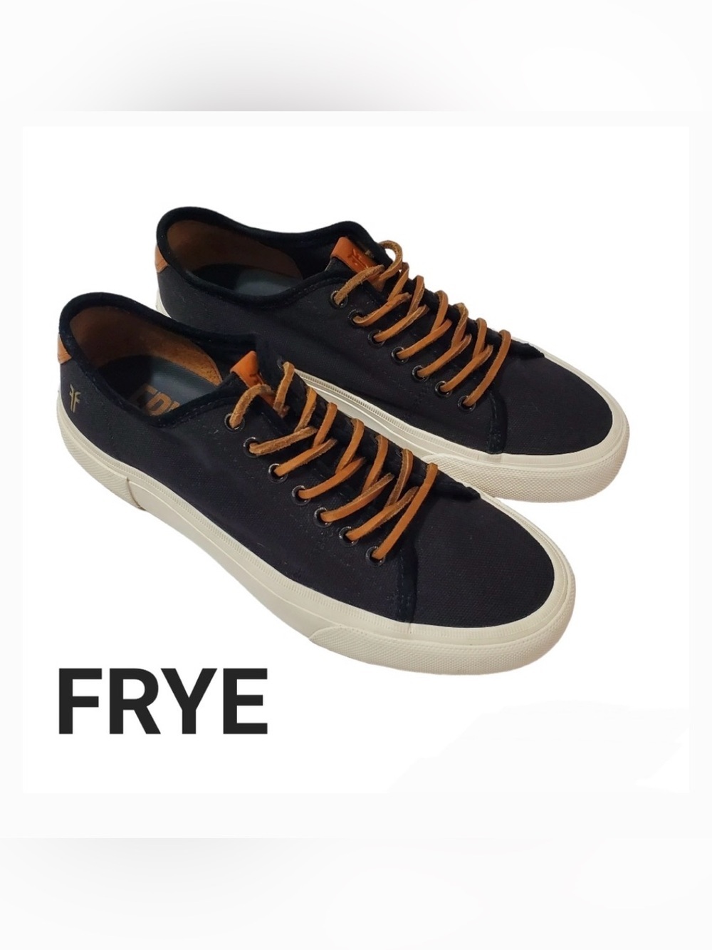Frye Black Canvas Low-Top Sneakers with Brown Laces